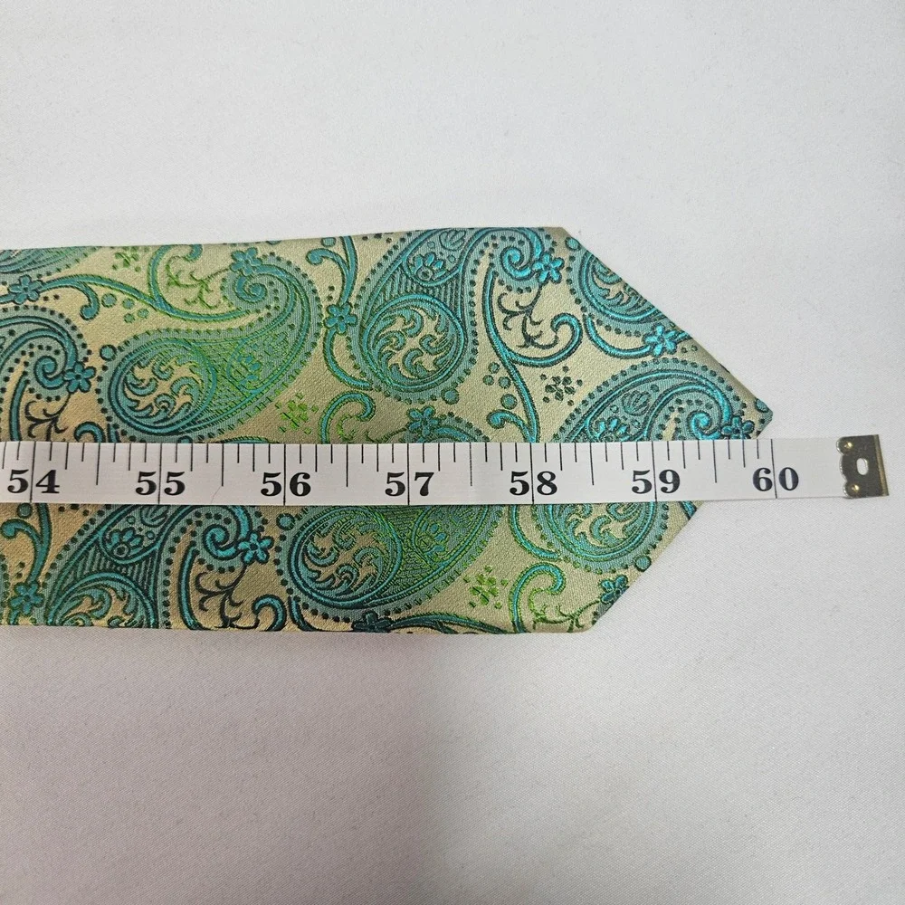 Paul Malone Palm Beach‎ Silk Paisley Necktie Mens Gold Green Blue Formal